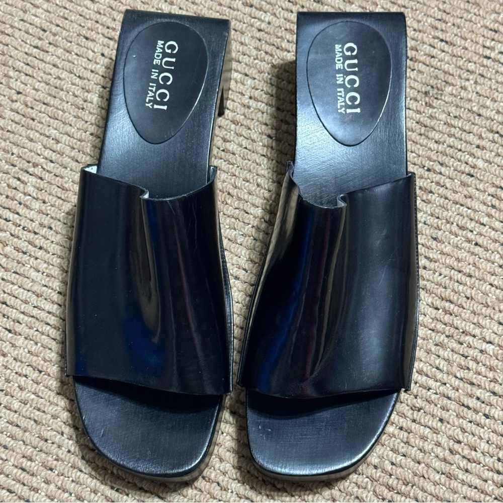 Gucci Black Patent Leather Platform Block Heel Slide Sandal Size 9.5B